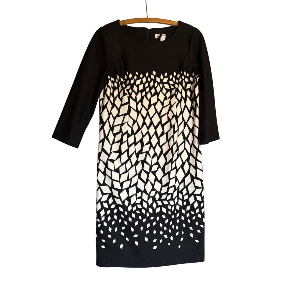 J. Crew Black White Geometric Diamond Print 3/4 Sleeve Sheath Dress Chico Size 0